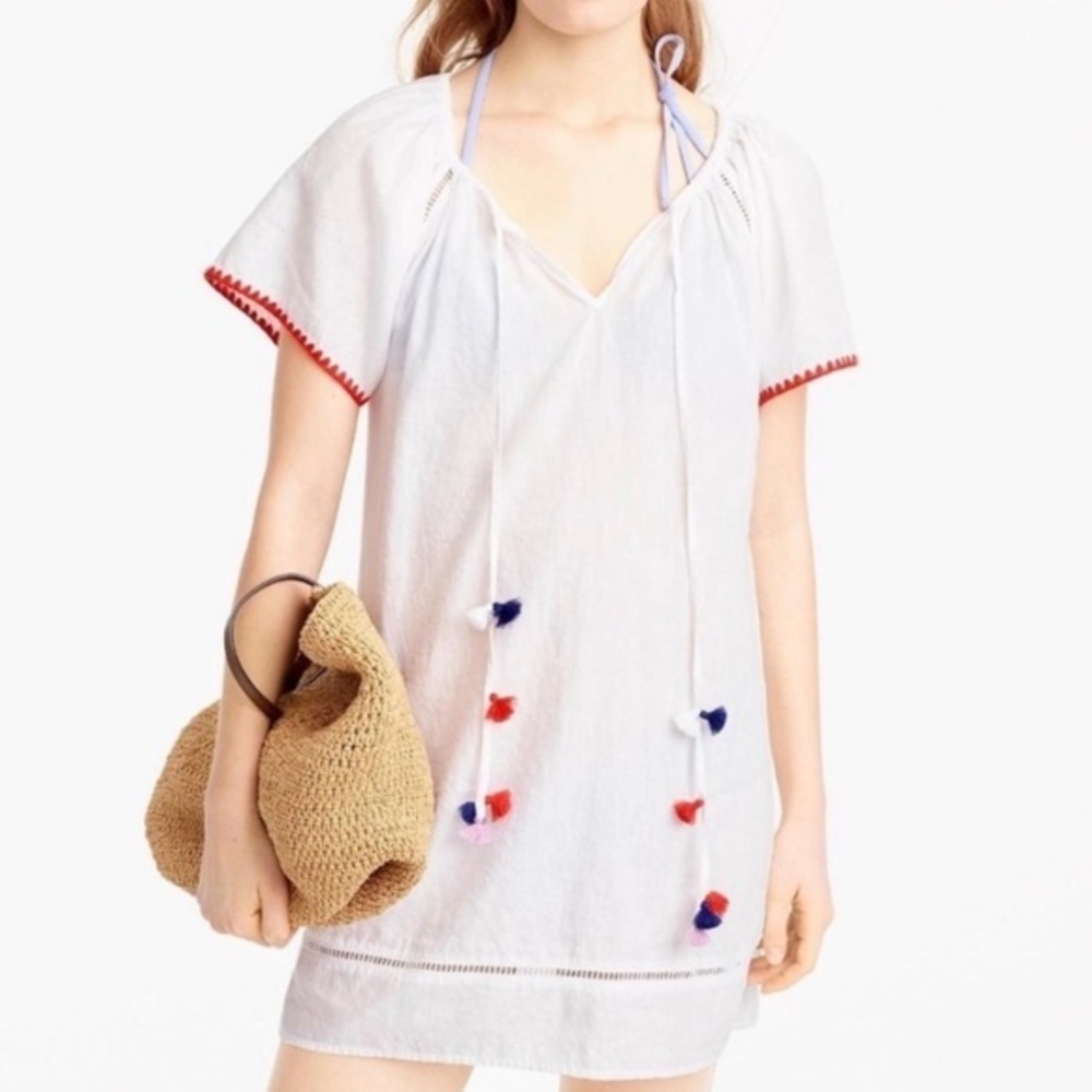 J.Crew Embroidered Tassel Pom Pom Linen Blend Coverup Mini Beach Dress in white